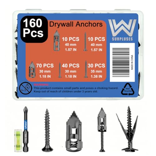 160 Pcs Black Self Drilling Drywall Anchors with Screws Kit - color: Black