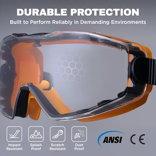 SPEXTRA Safety Goggles Over Glasses Anti-Fog Clear Lens, ANSI Z87.1 Impact Resistance, UV Protection, Lab Chemistry Goggles with Adjustable Headband, Quick-Adjust Buckle, Eyewear for Men Women