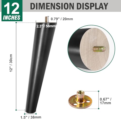 FoDau770 Rubber Wood Legs 12", Slant Taper, 5/16"-18 Thread, Black, 4pcs | Wood Couch legs - Mid Century Sofa Legs - Furniture legs Replacement for Cabinet Dresser Chair Ottoman - color: Black, size: 12 Inch - Slanted (80°)