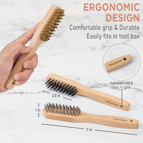 TAKAVU Wire Brush Set, 3 Piece, Stainless Steel, Brass & Nylon Bristles