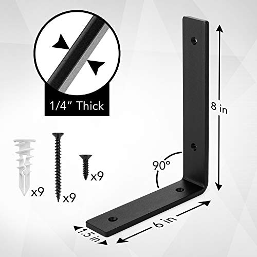 Heavy-Duty Shelf Brackets - Premium Construction Grade 1/4" (6mm) Thick Steel - Matte Black Iron Finish for Modern Farmhouse Rustic Open Shelving w/ Hardware, 4-Pack (L Bracket 8" x 6") - size: 8" x 6", style: L Bracket