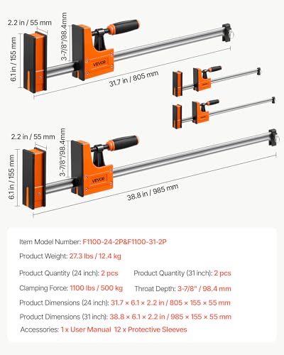 VEVOR Bar Clamps for Woodworking, 4-Pack, 24" and 31" F Clamps, 1100 lbs Load Limit, Clamp/Spreader 2 Modes, Soft Rubber Pads, Ergonomic Handle, Carbon Steel Bar, for Wood Working and Metal Working - size: 31"& 24" (4 Pack), style: Heavy-Duty