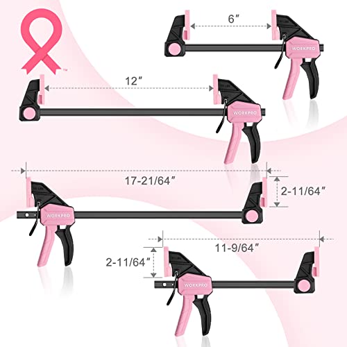 WORKPRO 6-Pack Bar Clamp Set, 6" (4) & 12" (2) Wood Clamps, Pink Ribbon - color: Pink, size: 6-Pack 6" and 12" Bar Clamps