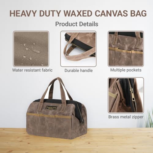 Tool Bag, 13-inch Heavy Duty 16oz Waxed Canvas Wide Mouth Water-Resistant Tool Bag, Tool Tote with Handle for Tools, Wrenches, Screwdrivers (13 X 7 X 9 inch) | Grey - color: Grey, size: 13 Inch