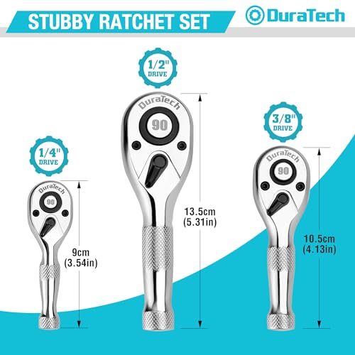 DURATECH 3-Piece Stubby Ratchet Wrench Set, 90-Tooth, 1/4", 3/8", 1/2"drive - style: 1/4" & 3/8" & 1/2" Ratchet Set (3-Piece)
