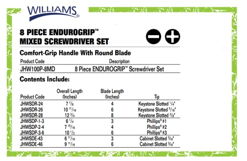 Williams 8-Piece Endurogrip Multi-Size Screwdriver Set, Keystone Slots Hex Bolster & Phillips, Comfort Grip Prevents Slippage, Extra Strength Steel Chrome Blades - style: 8 Piece Mixed