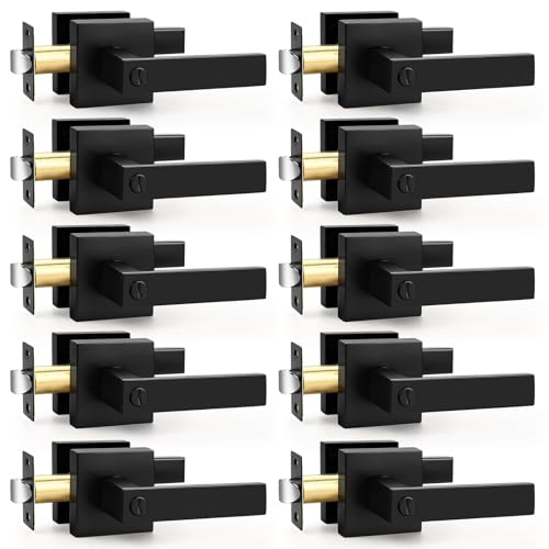 Probrico Interior Privacy Door Lever Handles with Lock, Matte Black 10 Pack Bedroom & Bathroom Zinc Alloy Lockset - color: Matte Black