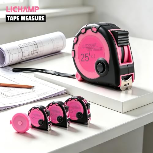 Lichamp Pink Tape Measure 4 Pack, 10ft x 5/8in, 16ft x 3/4in, 25ft x 1in