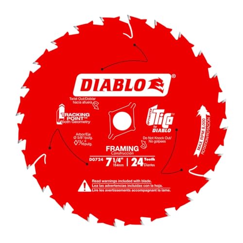 Diablo Framing Saw Blade for Wood - 7-1/4" Diameter, 24 ATB Teeth, 5/8" Arbor, .059" Kerf, 15° Hook Angle, .040" Plate, 8000 Max RPM - D0724X - size: 7-1/4" Dia x 24T x 5/8" Arbor, style: Framing