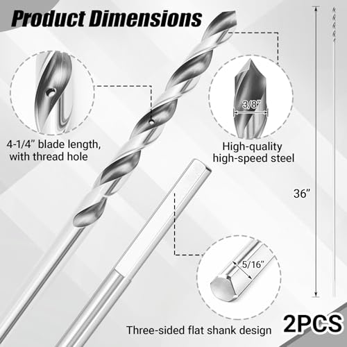Lounsweer 2 Pack 3/8 x 36 Inch Straight Shank Installer Drill Bit for Wood Extra Long Drill Bits for Wood with Wire Pulling Hole for Woodworking Walls Ceilings Floors