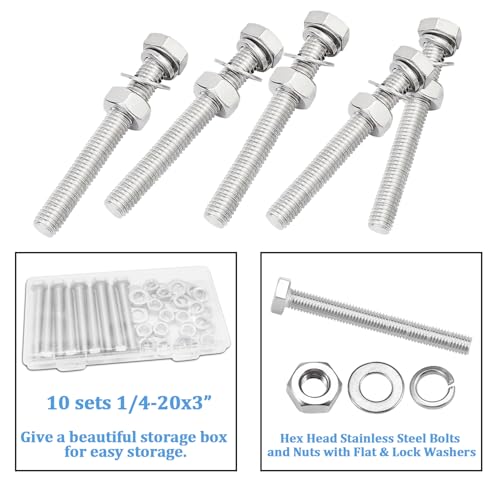 10 Sets1/4-20 × 3" Stainless Steel Hex Head Screws Bolts, Nuts, Flat & Lock Washers,18-8(304) Full Thread - color: Silver, size: 1/4-20×3"(10 Sets)