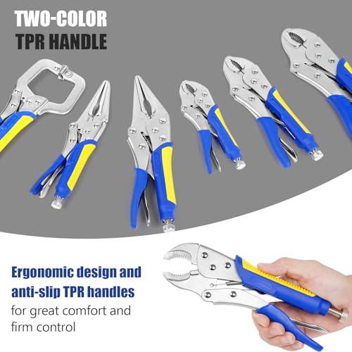 Locking Pliers Set,5"/7"/10" Curved Jaw Vise Grip,6-1/2"and 9-1/2" Needle Nose Vice Grips, 6" C-Clamp for Woodworking, Metal Working and Welding