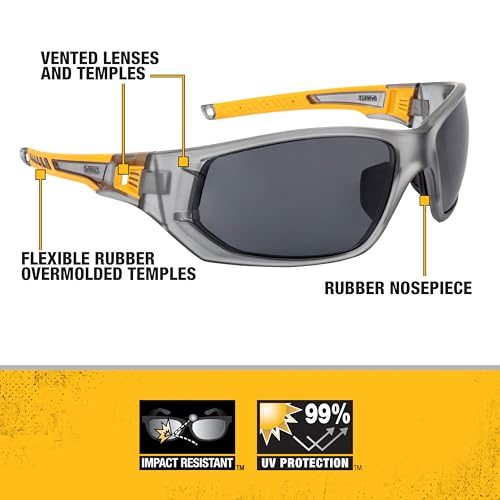 DEWALT DPG112-2D Miter™ Premium Vented No-Slip Safety Glasses – Smoke Lens – Vented Frame & Lenses – Rubber Temples & Nosepiece – 1 Pair - color: Gray/Yellow / Smoke, size: One Size