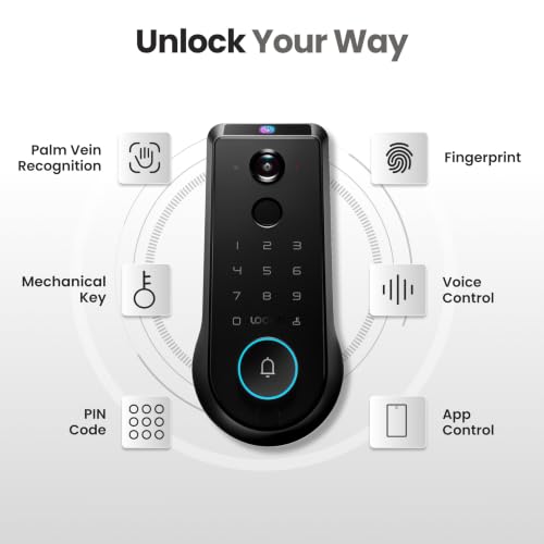 Lockin Veno Pro Smart Deadbolt Lock with Dual Swappable Batteries for 6-Month Extended Power, Palm Vein & Fingerprint Keyless Entry, Built-in Wi-Fi, Doorbell, App Remote Control, IP65 Waterproof - size: Dual Batteries, style: Palm Vein+32G Local Storage