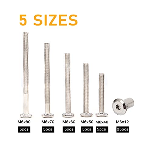 50pcs Hex Drive Socket Cap Bolts Dowel Nuts Assortment Kit, Furniture Joint Connector Bolts, Rivet Bolts Dowel Nuts, Countersunk Screw Post Fit M6x40mm 50mm 60mm 70mm 80mm Nickel Plated - size: 40/50/60/70/80mm 50pcs