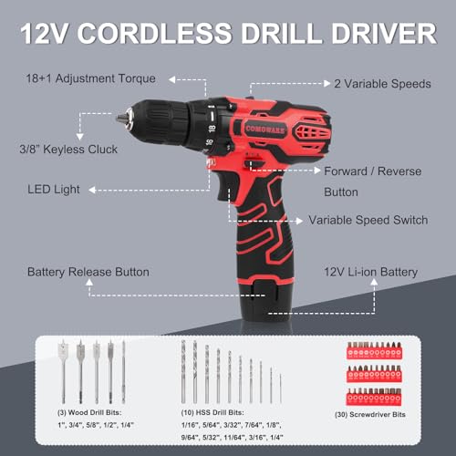 COMOWARE 12V Cordless Drill Set, 169Pcs Hand Tool Set with Cordless Drill Driver, Complete Repair Tool Kit for Men, Storage Bag, Ideal for Office, Garden, Dorm and DIY Project - color: Red Tool
