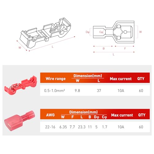 Nilight 120PCS/60 Pairs Red T-Tap Quick Splice Disconnect Wire Terminals - size: 120Pcs 22-16AWG