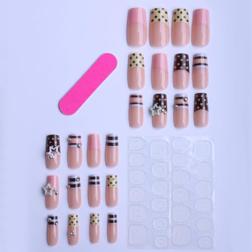 Medium Square Press On Nails Pink Brown with Y2K 3D Star Polka Dots - color: Style16