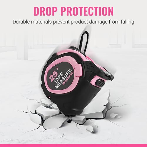 WORKPRO 25-FT Tape Measure with Fractions, 3 Brakes Retractable Measuring Tape, Compact Measurement Tape with Magnetic Hook, Nylon Coating Blade Accuracy 1/32”, Pink - size: 25-FT