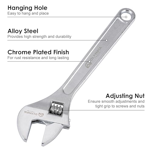 Olympia Tools 10" Adjustable Wrench, Heavy Duty Drop Forged Steel, Chrome Plated, Precision Machined Jaws, Rust Resistant - size: 10-Inch