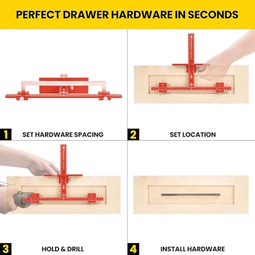 Big Horn 19607 Adjustable Cabinet Hardware Jig – Precision Drilling Guide for Cabinet Handles and Knobs – Adjustable Ruler with Drill Bushings – Install Pulls and Hardware on Doors and Drawers