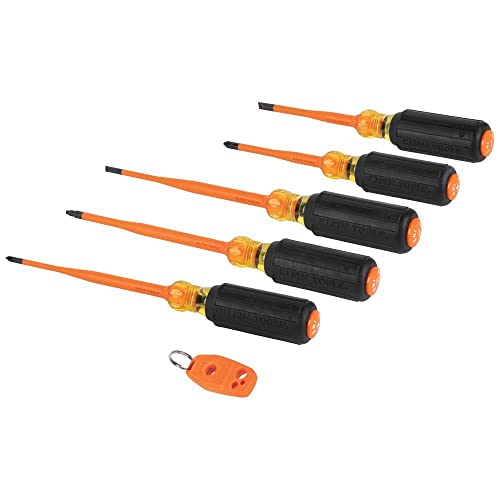Klein Tools 33736INS Insulated Screwdriver Set, Made in USA, 1000V Slim-Tip Driver with Phillips, Cabinet and Square Bits and a Magnetizer, 6-Piece - style: 6-Piece Set
