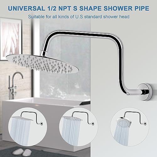 S Shaped Shower Arm, High Rise Shower Head Extension Pipe Standard 1/2" Connection with Flange, Awesome Shower Experience-Stainless Steel Bathroom Accessory(16 Inch Z-S Shape, Chrome Finish) - color: Chrome Finish, style: 16" Z Shape