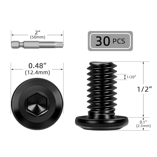 30 PCS 1/4"-20 x 1/2" Flat Head Socket Cap Screws Bolts, Flat Round Head Furniture Allen Bolts, Stainless Steel 304, Full Thread, Black Coating, Screwdriver Bit Included - size: 1/4"-20 x 1/2"