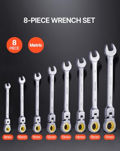 VEVOR Flex-Head Ratcheting Wrench Set, Nickel Plating, 8-piece Flexible Ratcheting Combination Wrench Set with Roll-up Pouch, CR-V, 72 Teeth, Metric 8-17mm - size: 8PCS (Metric), style: Flex-head