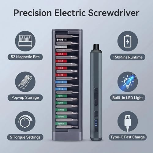 Mini Electric Screwdriver Set, Cordless Screwdriver, Max 0.5N.m, 52 Magnetic Bits, LED Light, Magnetic Storage, Repair Tool for Electronics, Camera, Laptop, and PC Build