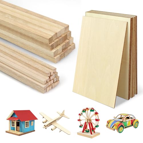 Unfinished Balsa Wood Sheets Sticks, Wood Dowel Rods Square Basswood Sheets, 50 Pcs Wooden Craft Making Supplies for Crafts DIY Projects Making