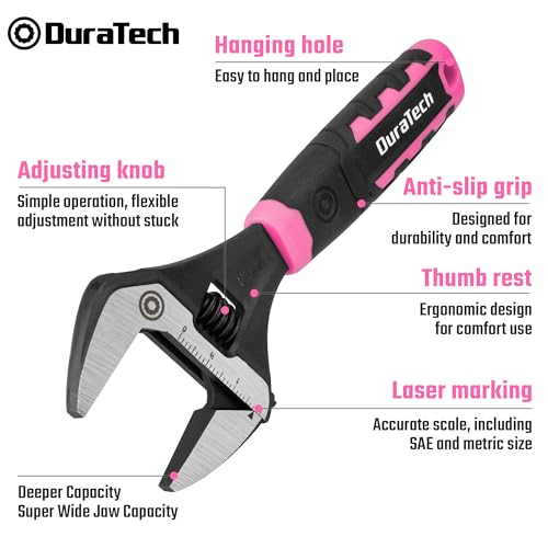 DURATECH 8-Inch Wide Jaw Adjustable Wrench - color: Black & Pink, size: 8-Inch