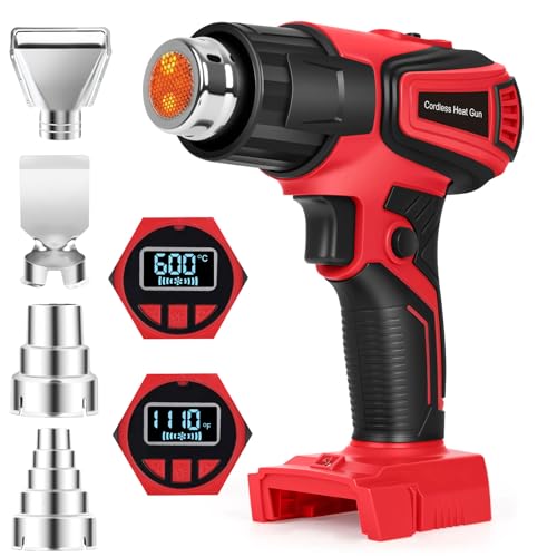 Cordless Heat Gun Compatible with Milwaukee m18 Battery 350W Fast Heating 120℉–1112℉ Variable Temperature LCD Display Portable Hot Air Gun 4 Nozzles for Crafts, DIY (Tool Only, Not Made by Milwaukee)