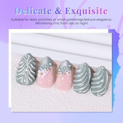 Short Almond Handmade 3D Floral Press On Nails Pink Green Mixed French – Spring Summer Daily White Flower Design, Acrylic Fake Nails for Women, Salon-Quality Reusable Stick-Ons | Party Wear - color: 50-Short Almond Green 3D Glue Silver Butterfly, size: 24