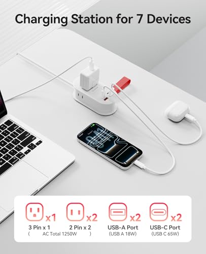 ORICO 65W GaN Travel Power Strip, 7 in 1 Charging Station(3AC, 4 USB Ports) - color: White