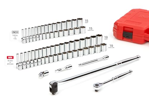 TEKTON 3/8 Inch Drive 6-Point Socket and Ratchet Set, 73-Piece (1/4-1 in., 6-24 mm) | SKT15311 - size: 73-Piece (1/4-1 in., 6-24 mm)