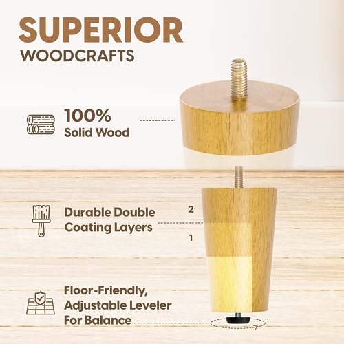 Yes4All 4 Inches Round Natural Solid Wood Furniture Legs Set of 4, Heavy Duty 800 Lbs Capacity Furniture Legs with Leveler, Replacement Legs for Furniture, Couch, Sofa, Dresser, Ottoman - color: Round Natural, size: 4 inch