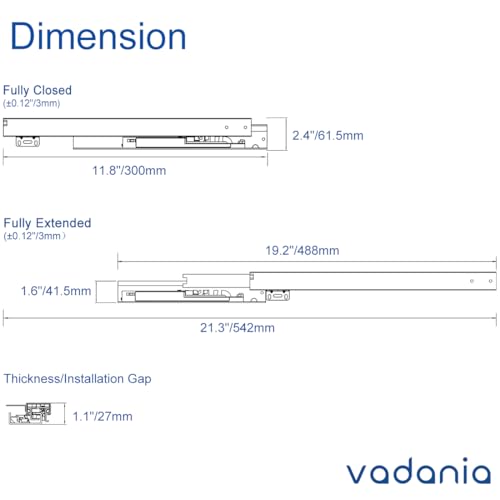 VADANIA #BF54 12" Undermount Drawer Slide, Push to Open - size: 12 Inch, style: Push to Open