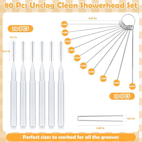 80 Pcs Shower Head Cleaner Tool–Showerhead Cleaning Brushes + Stainless Steel Picks, Small Hole Crevice Cleaning Brush for Shower Head, Shower Head Cleaner for Clog Removal & Hard Water Deposit(White) - color: White
