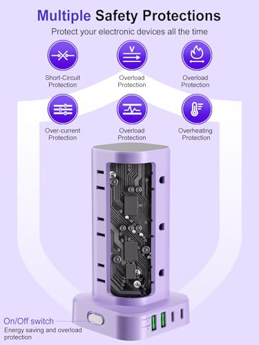 6FT Power Strip Tower Surge Protector, 12 Wide Spaced Outlets, 4 USB - color: Purple, size: 6FT without Wireless Charging