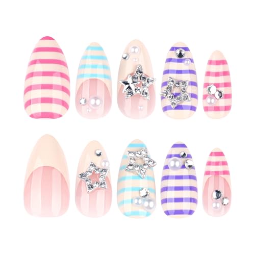 Mivota Soft Gel Press On Nails Medium Almond Colorful Stripe Design with 3D Star & Pearl, Reusable Glue On Fake Nails for Women, Cute Y2K Salon Manicure Set 24PCS - color: 3D-72 Red-Blue Stripes Star