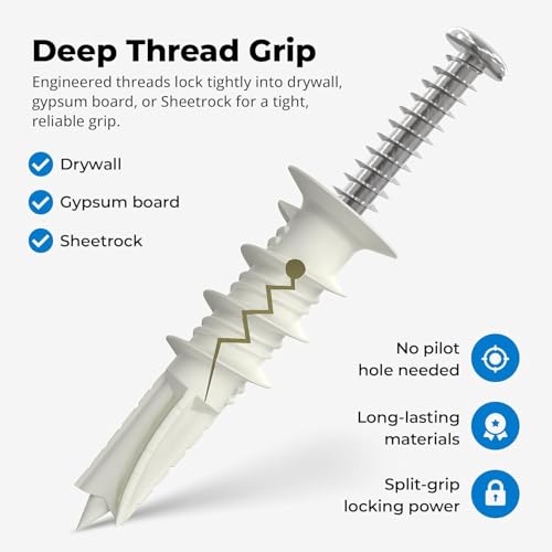 Qualihome Drywall Anchors with Screws – Self-Drilling Drywall Anchors, Anti-Spin Grip, No Pre-Drill Wall Anchor Kit, Strong & Reliable Hold, 75 Pack (150 Pieces) - style: 75 Pack (150 Pieces)