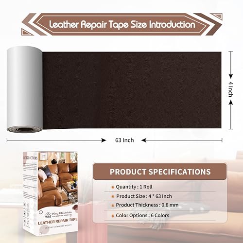 KING MOUNTAIN Leather Repair Patch,4 x 63 Inches self Adhesive Leather Repair Tape for Damaged Leather Furniture, Sofa Seating,Car Seats, Leather Goods（Fine Grained Dark Brown） - color: Fine Grained Dark Brown, size: 4" x 63"