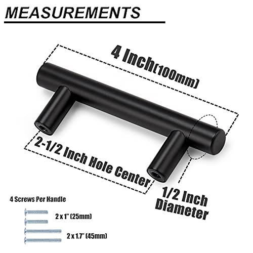 Probrico 30 Pack| 4 Inch Black Cabinet Handles with 2-1/2 Inch Hole Center Stainless Steel Cabinet Pulls Round T Bar Kitchen Cabinet Hardware Door Handles, Drawer Dresser Pulls，64mm Hole Centers - color: Black, size: hole center 2-1/2"