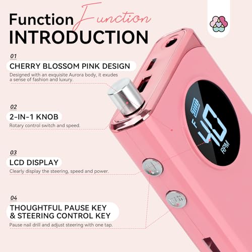 SAVILAND Electric Nail Drill Professional: 40000RPM Pink Rechargeable Portable Electric Nail Filer with 6000mAh Battery, for Shaping, Removing & Polishing Acrylic Nails Home Salon Manicure Gift - color: H -Light Pink
