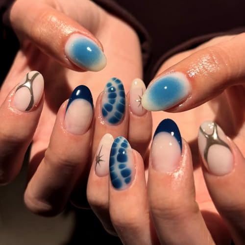 Blue Press On Nails Almond Shape 24pcs, Gradient Ombre False Nail with Star Design, 3D Pattern Medium Length Fake Nails, Glossy Stick On Nail Reusable Acrylic Glue On Nails Kit for Women - color: 34-Dark blue silver lines