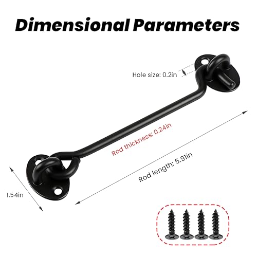 2 Pack 6'' Door Latch Door Lock Hardware, 6'' Hook and Eye Gate Latch Easy Lock for Barn Door, Black Sliding Door Lock with Screws for Window, Cabin Hooks