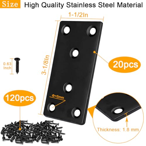 20 Pcs 3-1/8'' Black Mending Plates for Wood Straight Braces 80x40 mm Mending Plate Flat Bracket Steel Joining Connector for Furniture Fence Bookcase - size: 80MM-Black
