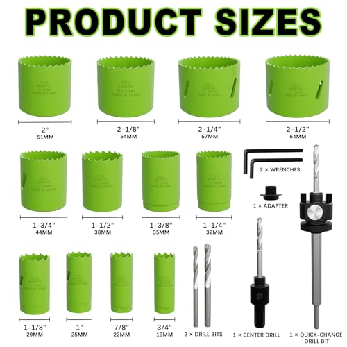 19-Piece Bi-Metal Hole Saw Kit with Quick Change Arbors in Sizes from 3/4" to 2-1/2" for Professional Wood, Thin Metal, PVC and Cutting - size: 3/4"-2-1/2"