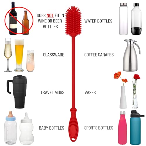 Kitchiny Silicone Bottle Brush 12.5 inch with 2 Straw Cleaners – Red | Bottle Cleaner Brush for Yeti, Hydro Flask, Owala, Stanley, Baby Bottles, Vases & Narrow Neck Containers - color: Red
